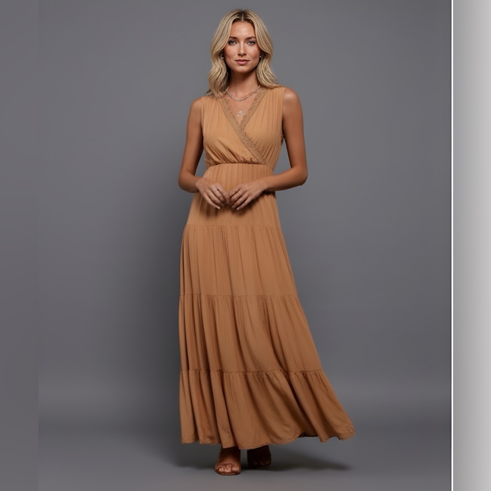 Boho Lace Trim Layered Hem Dress. - Picture 1 of 7